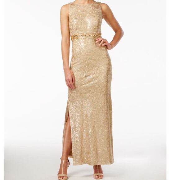 CALVIN KLEIN NWOT Gold Cream Sequin Open Back Evening Formal Maxi Gown Size 4 - Picture 1 of 11